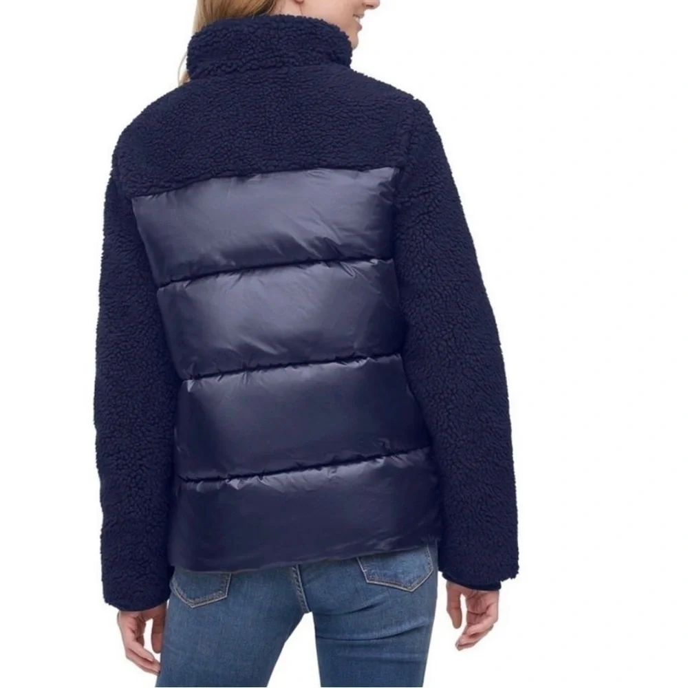 Women’s TOMMY HILFIGER Mixed Media Navy Blue Sherpa Puffer Jacket Coat - Picture 3 of 10